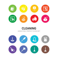 16 cleaning vector icons set included dust pan, duster, dusting, dustpan, emulsion, faucet, feather duster, floor mop, garbage, garbage truck, garden hose icons