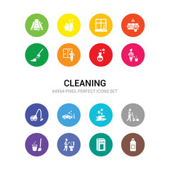 16 cleaning vector icons set included acid, baking soda, bathtub cleaning, bin, broom, bubbles, car wash, carpet cleaning, charwoman, chemical reaction, wiping icons