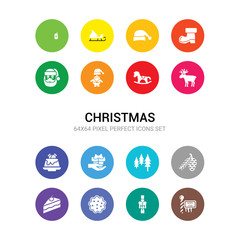 16 christmas vector icons set included north pole, nutcracker, oat cookie, piece of cake, pine cone, pines, present, pudding, reindeer, rocking horse, santa icons