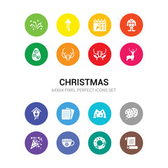 16 christmas vector icons set included christmas wishlist, christmas wreath, cocoa, confetti, cookie, costume, cracker, cuckoo clock, deer, deer costume, deer horns icons