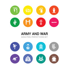 16 army and war vector icons set included bulletproof, bulletproof vest, camouflage military clothing, cannon, chamber, chevrons, civilian, combat, combat knife, condecoration, conscription icons