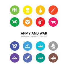 16 army and war vector icons set included air force, airplane, airplane bomb, armo vehicle, army backpack, army boat, artillery, assault, automatic gun, whizbang with rong, badge icons