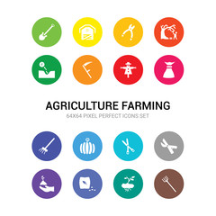 16 agriculture farming vector icons set included pitchfork, plant, plant seeds, plant sprout, pruners, pruning shears, pumpkin, rake, sack, scarecrow, scythe icons