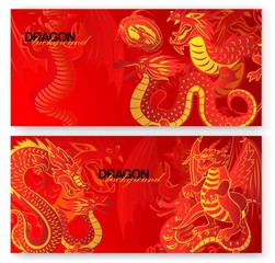 Traditional chinese red dragon background set of banners vector illustration. Legendary creatures of Chinese mythology. Cartoon powerful and strong characters. Flying animals with wings.
