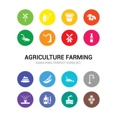 16 agriculture farming vector icons set included honeycomb, hose, insecticide, irrigation, lamppost, lawn mower, legume, manure, milk bottle, mill, monoculture icons