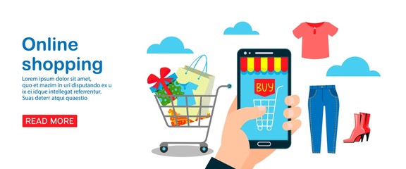 Online shopping banner vector illustration. Mobile page design template for buying clothing such as T-shirt, jeans, shoes online ordering, e-commerce. Cart with purchases, present.