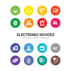 16 electronic devices vector icons set included earphones, electric blanket, electric fan, electric pencil sharpener, electronic, espresso maker, exhaust hood, fax, fax machine, food processor,