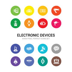 16 electronic devices vector icons set included 3d printer, activity tracker, air conditioner, air purifier, answering machine, antenna, asic miner, baby monitor, barcode scanner, battery,