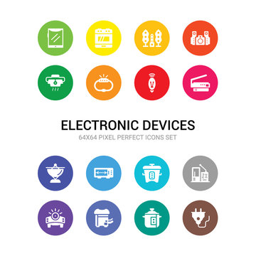 16 electronic devices vector icons set included plug, pressure cooker, printer, projector, radio, rice cooker, rotisserie, satellite dish, scanner, smart light, smartband icons