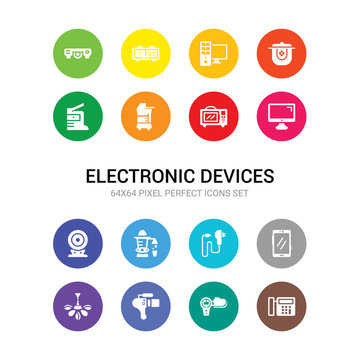 16 electronic devices vector icons set included calculator, camcorder, camera, ceiling fan, cell phone, charger, cold-pressed juicer, compact disc, computer, convection oven, copier icons
