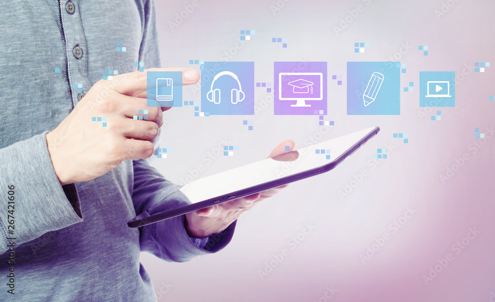 Poster e-learning with man holding a tablet computer