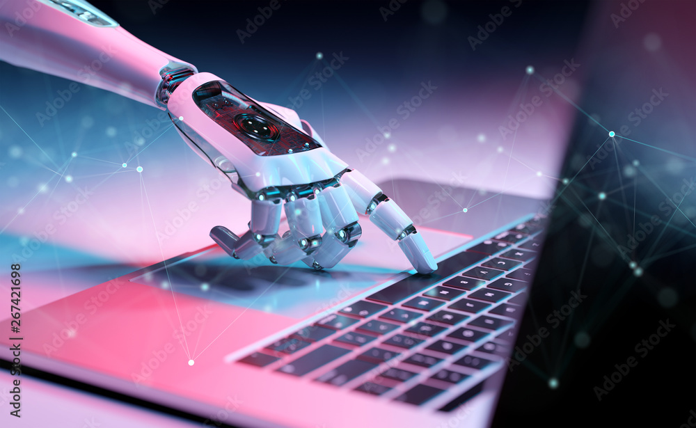 Wall mural robotic hand pressing a keyboard on a laptop 3d rendering