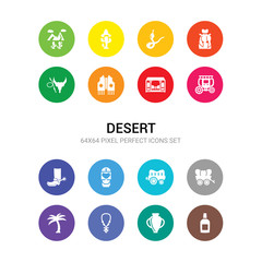 16 desert vector icons set included alcohol bottle, amphora, amulet, arab, carriage, cart wheel, cleopatra, cowboy boot, cowboy cart, cowboy tower, vest icons