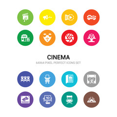16 cinema vector icons set included premiere, producer, projector screen, prompt box, puppet, scenario, seat, seats, shakespeare, shutter, silence icons
