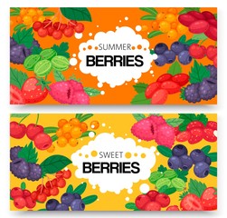 Sweet forest fruits and berries set of banner vector illustration. Juicy and fresh raspberry, strawberry, blackberry, blueberry, cherry, gooseberry. Refreshing blend for shop or store.