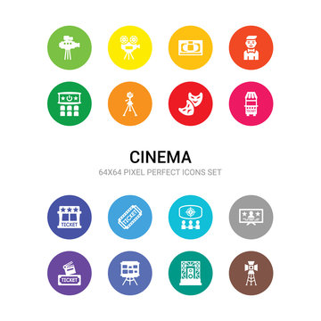 16 cinema vector icons set included spotlight, stage, storyboard, studio, subtitle, theatre, ticket, ticket office, ticket window, tragedy, tripod icons