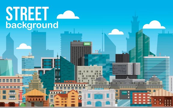 Street city background horizontal banner vector illustration. Modern town skyline. Architectural building in panoramic view. High multi-storey glass buildings of different forms.
