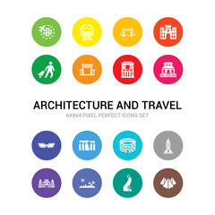 16 architecture and travel vector icons set included pyramids, route, safari desert, shopping center, skyscraper, stadium, stonehenge, sunglasses, temple of heaven, temple of the frescoes, torii