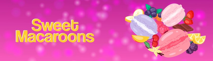 Sweet macaroons premium bakery shop banner vector illustration. Cookies of different berry taste such as strawberry, cherry, blueberry. Cartoon delicious desserts. Pastry cakes.
