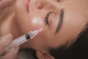 Cosmetologist filling wrinkles of a female patient with hyaluronic acid using syringe. Gorgeous woman receiving facial injections at cosmetology clinic. Medicine, skincare concept