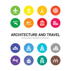 16 architecture and travel vector icons set included bridge, building, cable car, canoe, cathedral of saint basil, chichen itza, chinese temple, city hall, colosseum, column, departures icons