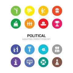 16 political vector icons set included political candidate speech, political flag, publicity on monitor screen, speech, politicians, poll, protest, slavery, supporter, uncle sam hat, unity icons