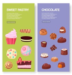Bakery and sweets set of banners vector illustration. Candy shop with pieces of fruit cake with galaze and berries, ice-cream, chocolate candies, cookies, biscuits, macaroons.