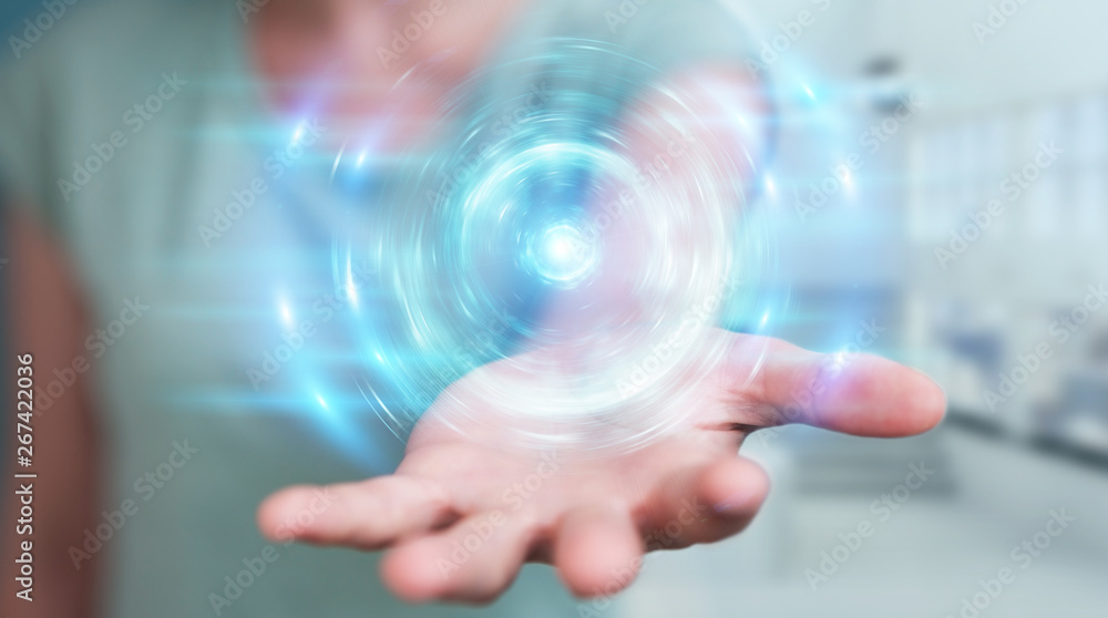 Poster woman creating new futuristic energy power source 3d rendering