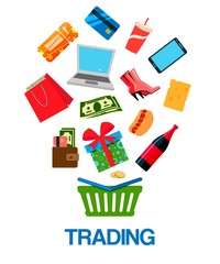 Shopping online basket with purchases banner vector illustration. Consumer goods such as shoes, food and drink, gadgets and devices. Purse with money and card, cinema ticket.