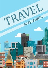 City background banner. Travel city flyer vector illustration. Modern town skyline. Architectural building. High multi-storey glass buildings of different forms. Block of flats.