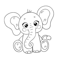 Cute babyelephant. Black and white outline illustration. Coloring book page. 
