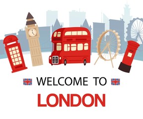 Welcome to England banner vector illustration. London tourist sights and symbols of Great Britain, discover United Kingdom. Big Ben or Great Bell of Palace of Westminster.