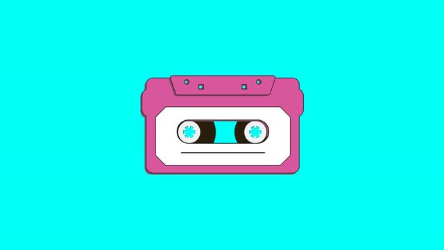 Vintage music cassette tape. Cartoon flat style playing audio cassette animation on a blue background. 4K