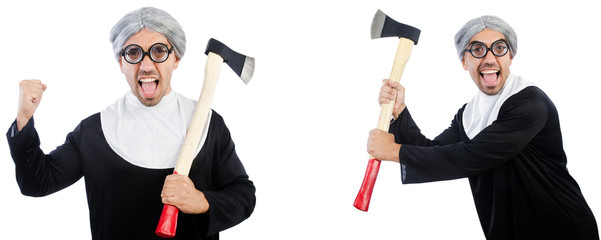 Weird male nun with hatchet  