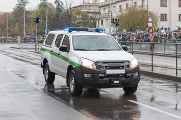 Pickup truck, car of Military police on military parade  in Prague, Czech Republic