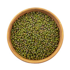 Raw mung bean or green bean in a wooden bowl isolated on white background