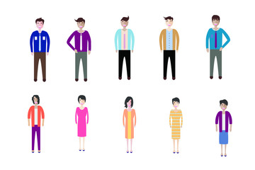 Young people, teenagers and students. Fashion man and woman in modern clothes. Different characters stay on white background