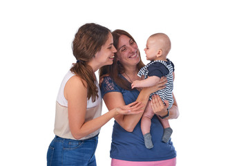 Homosexual family, young lesbian mothers with their baby. Lesbian love