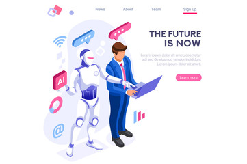 Human interactive tech interaction. Images of robot human working at office, can use for web banner, infographics, hero images. Flat isometric vector illustration isolated on white background