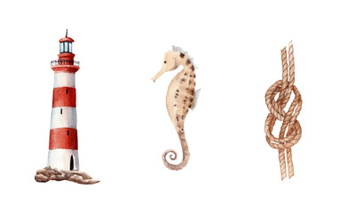 hand drawn watercolor set with lighthouse, knot, sea horse isolated on white background