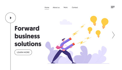 Businessman Character Attracting Creative Idea Landing Page. Light Bulb Symbol with Big Magnet. Business Vision with Successful Man and New Ideas Website Banner. Vector flat cartoon illustration