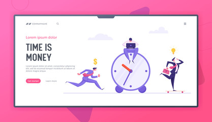 Business Deadline Time Management Landing Page Concept with Businessmen and Alarm Clock. Office Workers Running to Work. Planning and Strategy Solution Banner. Vector flat cartoon illustration