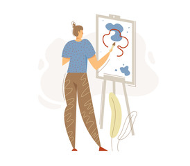Male Painter Artist Character Painting with Colorful Palette on Easel. Man Drawing with Paints and Brush. Guy with Paintbrush. Vector flat cartoon illustration