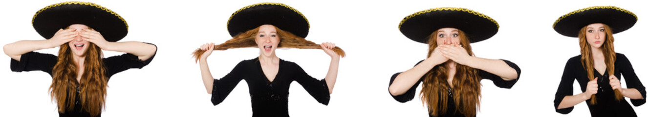 Young redhead lady in black dress with black sombrero 