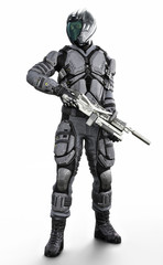 Full length vertical illustration of a masked futuristic armored soldier on an isolated white background. 3d rendering