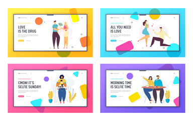 Happy Couple Relations Concept Landing Page Template. Marriage Proposal. Man and Woman Characters in Cafe Taking Photo of Food, Making Selfie Website Banner. Vector flat illustration