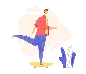 Male Character on Longboard. Young Man Riding Skateboard. Outdoor Sport Leisure Skateboarding Concept with Happy Teenager. Vector flat cartoon illustration