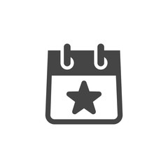 Calendar Sheet with Star Sign. Time Management and Reminder About an Important Event Black Flat Icon. Time and Date, Month, Schedule, Event, Appointment, Day. Vector for Web and App in Glyph Style