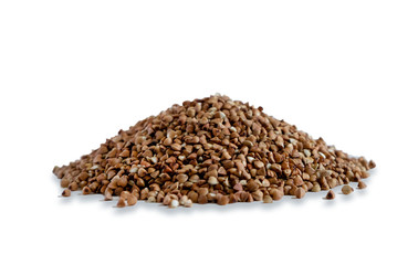 Isolated on white background photo buckwheat. Buckwheat is not boiled poured slides. Photos from the side.
