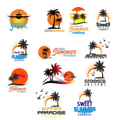 logo palm trees sun wave. Vector - Vector